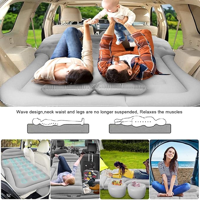 ISWEES Car Bed SUV Air Mattress Car Air Mattress with Home Power Adapter Electric Pump 2 Inflatable Pillows and 2 Footrests for Back Seat Side SeatTrunk Sleeping Thickened Camping Bed - Grey