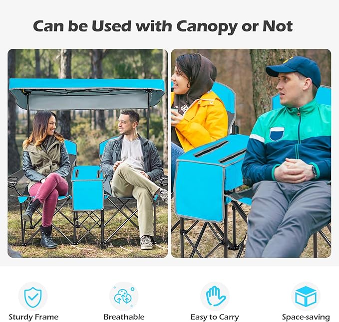COSTWAY Double Camping Chair Portable Camping Chairs with Canopy Cup Holder Iced Bag Storage Bag Carrying Bag Folding Loveseat Camping Chair for Adults Outdoors Sport Blue