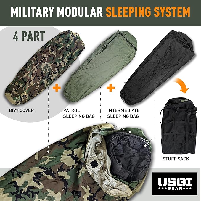Military Sleeping Bag System Tactical Gear – 4-Part Modular Sleeping Bags Cold Weather Includes Stuff Sack Bivy Cover Intermediate Cold Weather and Patrol Bag – Waterproof and Lightweight
