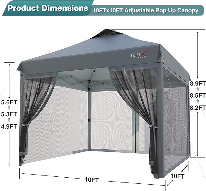 10x10 Pop Up Canopy Tent with Mosquito Netting Outdoor Portable Screen Tent for Yard Party Camping and Picnic 3 Height Positions Patio Gazebo with Roller Bag and 4 Sandbags