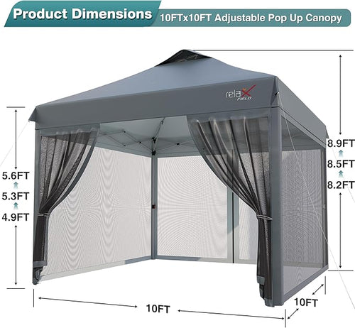 10x10 Pop Up Canopy Tent with Mosquito Netting Outdoor Portable Screen Tent for Yard Party Camping and Picnic 3 Height Positions Patio Gazebo with Roller Bag and 4 Sandbags