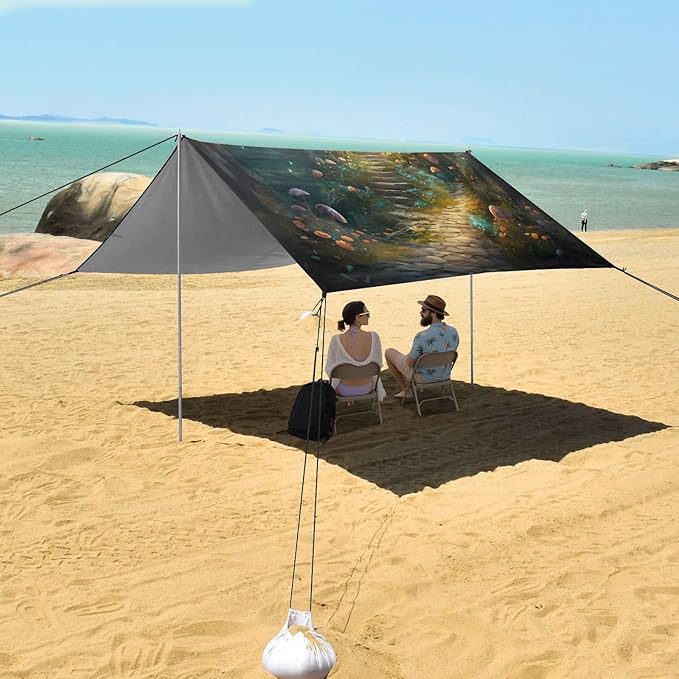 Fairy Fantasy Forest Beach Tent Sun Shelter 9.2' x 10.5' Beach Canopy with 4 Sandbags 4 Stability Poles Sand Shovels - Tent Canopy for Beach Camping Fishing Picnics