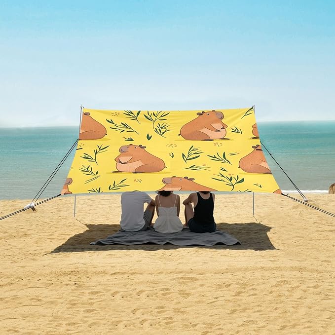 Cartoon Capybaras Grass Camping Sun Shelter Beach Tent Portable Beach Sun Shade Outdoor Canopy for Camping Trips Fishing Picnic