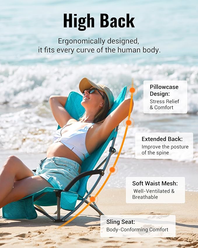 KingCamp Low Beach Chair High Back Folding Camping Chair for Adults Oversized Breathable Mesh Seat 300lbs Heavy Duty Portable Chair with Cup Holder &amp Storage Pockets for Beach Outdoor