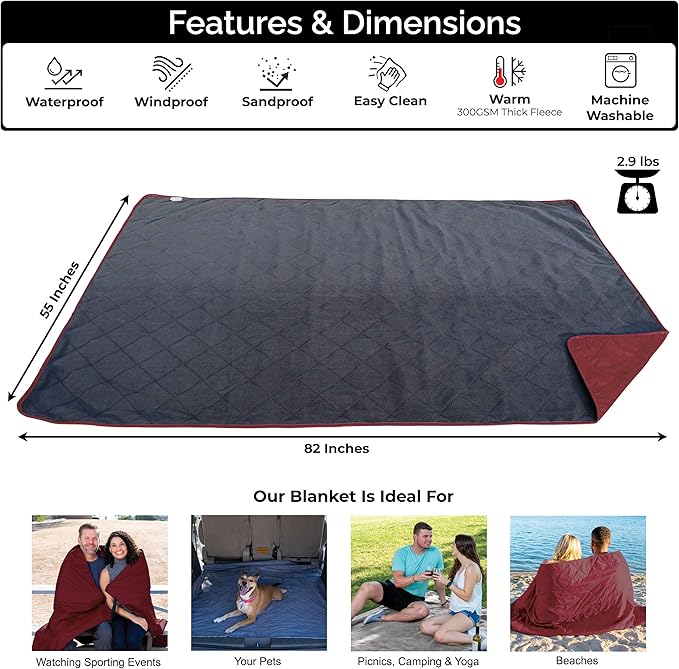 BRAWNTIDE Large Outdoor Waterproof Blanket - Extra Thick Fleece Warm Windproof Sandproof Quilted 82 x 55 Ideal for Beaches Picnics Camping Stadiums Dogs Car