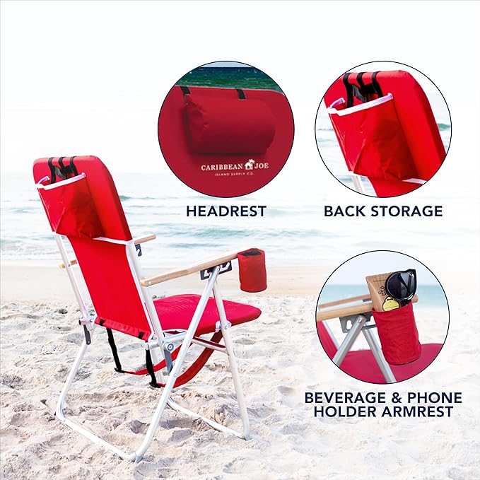 CARIBBEAN JOE Folding Beach Chair 4 Position Portable Backpack Foldable Camping Chair with Headrest Cup Holder and Wooden Armrests