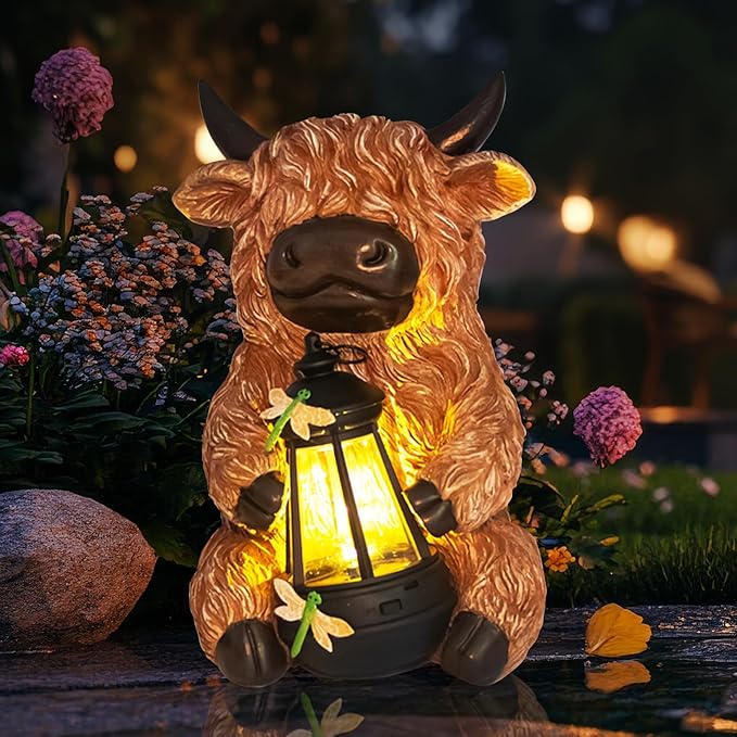 DKJOCKY Highland Cow Garden Decor Statue with Solar Light Lantern Birthday Gifts for Women Mom Grandma Funny Waterproof Resin Figurine Outdoor Decorations for Yard Patio Lawn Balcony Porch