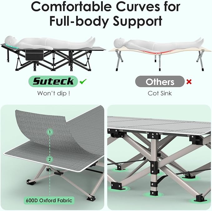 Suteck Camping Cot Folding Camping Cot Bed for Adults Sleeping 1200D Double Layer Oxford Portable Folding Outdoor Cots for Camping W/Soft Pad Carry Bag for Home Office Nap Beach Travel 500LBSPurple