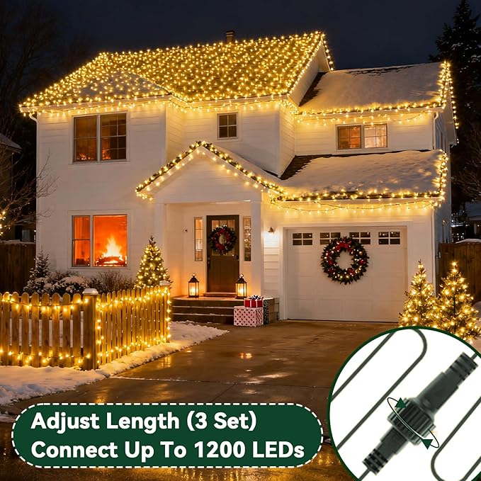 Christmas Lights Indoor Outdoor Waterproof 132FT 400 LED 8 Modes Warm Light String Lights for House Decorations Ideal for Christmas Trees Wedding and Party