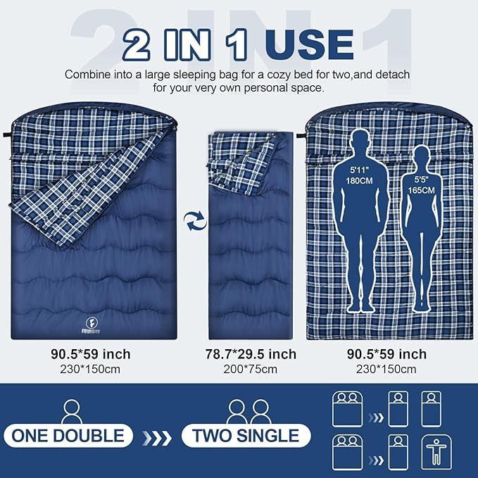 0 Degree Flannel Double Sleeping Bag for Adults Couples or Family - Winter Queen Size Waterproof &amp Warm 2-Person Sleeping Bag for Cold Weather Camping RV Travel