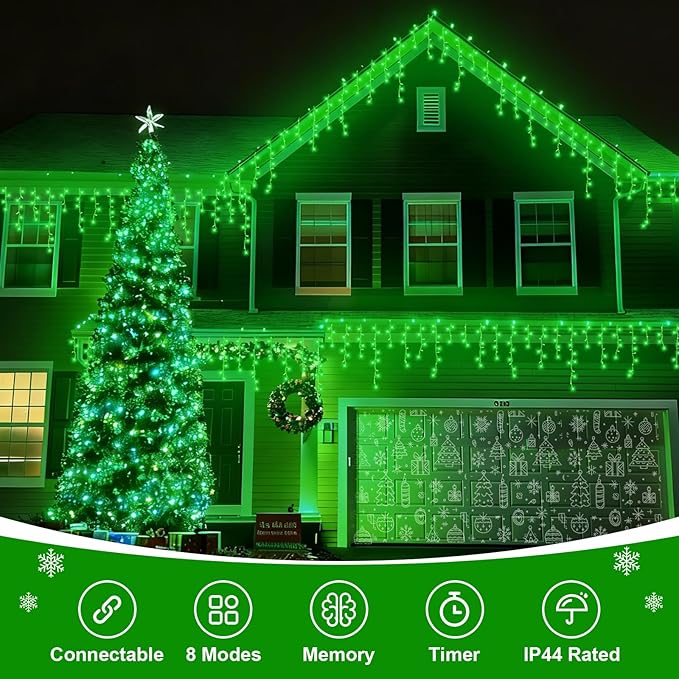 QITONG Green Icicle Lights 33ft 400 LED String Lights Outdoor with 8 Modes Clear Wire Connectable Christmas Lights Plug in Indoor