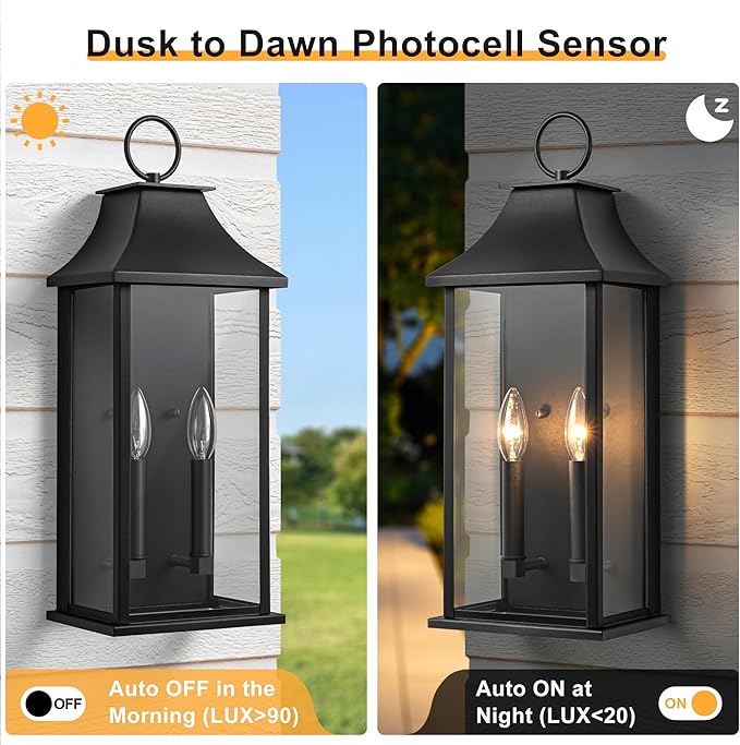 Outdoor Wall Lights Dusk to Dawn Waterproof Outside Wall Sconce Large Modern Wall Fixture with Glass Exterior Lamp for House Porch Garage 2-Light (20.6 Inch Black)