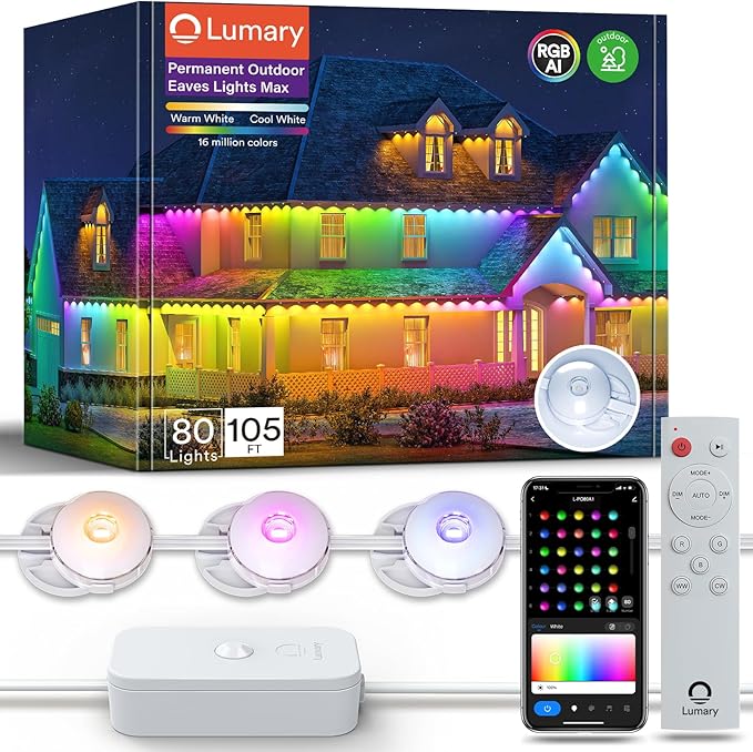 Lumary Permanent Outdoor Lights Max 105ft with 80 LED Eave Lights 4800LM RGBAICW Smart Outdoor Lighting IP67 Waterproof Scene Modes for Daily and Accent Lighting Works with Alexa/Google Assistant