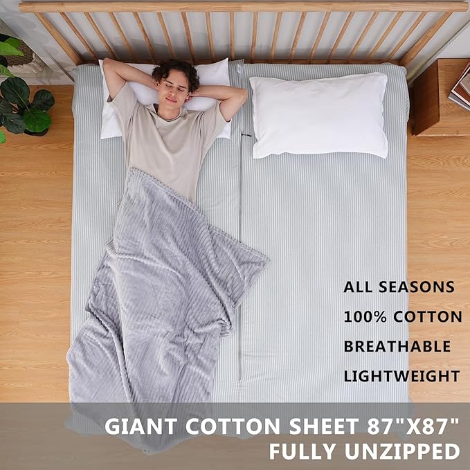 100% Cotton Sleeping Bag Liner with Full Length Zipper on 3 Sides Single/Double Adult Sleep Sack for Travel &amp Camping Multifunctional Travel Sheets (Unzipped 87”x87”) for Hotel Lightweight