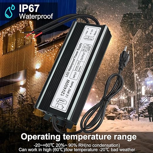inShareplus 400W 12V Power Supply AC 90-140V to DC 12 Volt 33.3A LED Driver IP67 Waterproof Outdoor Low Voltage Transformer with Standard 3-Prong Plug for LED Light and Other 12V Products