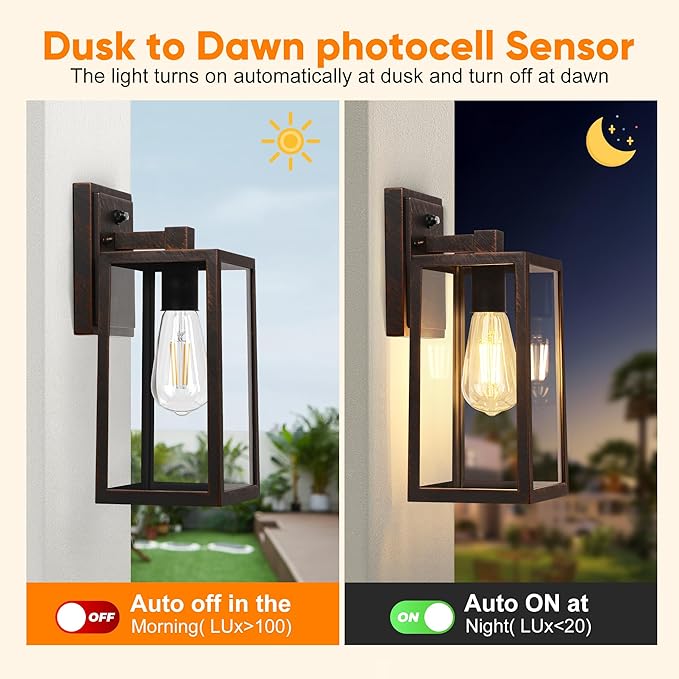 PARTPHONER Dusk to Dawn Porch Light Fixtures Black Brushed Gold Exterior Lighting Lamp Sensor Wall Lantern Waterproof Outdoor Wall Sconce for House Doorway Garage 2 Pack