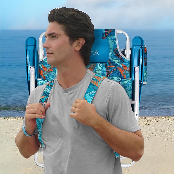 Nautica - Beach Chair Five Position Backpack Chair Portable &amp Adjustable with Padded Pillow and Cup Holders and Attached Insulated Cooler Bag (Fiji Beach)