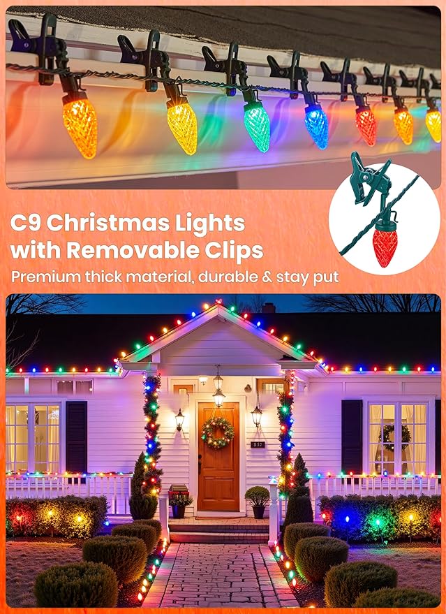C9 LED Christmas Lights Outdoor 68Ft 100 LED String Lights with Quick Clips Commercial Grade Extendable Waterproof Outdoor Christmas Lights for House Outside Roofline Xmas Decorations Multicolor