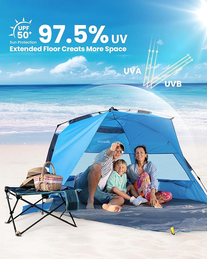 OutdoorMaster Beach Tent Sun Shelter for 3-4 Person Pop Up Beach Tent Easy Setup with Sandbags Portable Sun Shade Canopy with Carrying Bag for Beach &amp Outdoor UPF50+ UV Protection Family Size