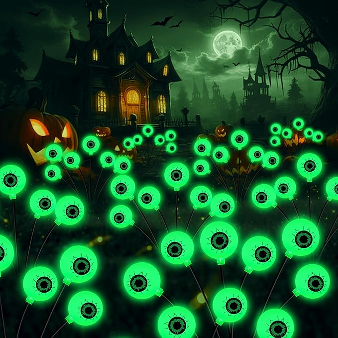 Halloween Decorations Outdoor 6 Pack 36 LED Solar Scary Eyeball Swaying Lights Green Solar Firefly Light Waterproof Outdoor Garden Lights for Halloween Yard Garden Lawn Party Flower Bed