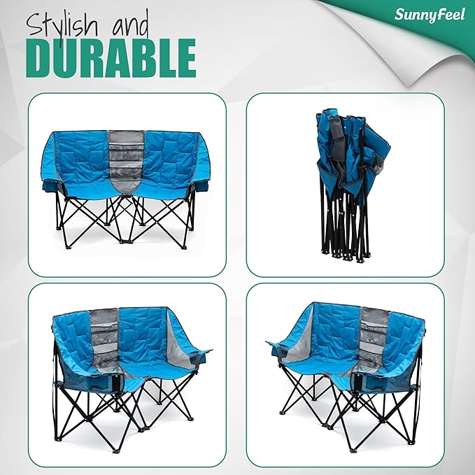 SUNNYFEEL Folding Double Camping Chair Oversized Loveseat Chair Heavy Duty Portable/Foldable Lawn Chair with Storage for Outside/Outdoor/Travel/Picnic Fold Up Camp Chairs for Adults 2 People