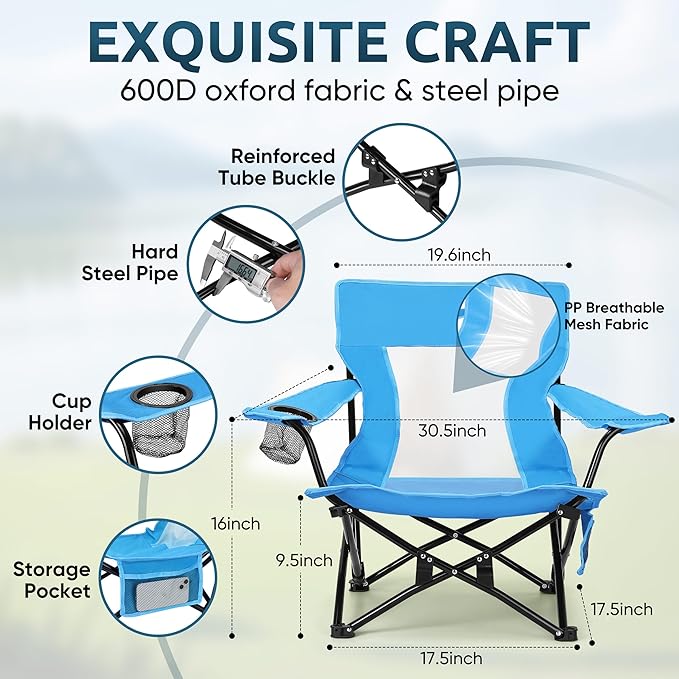 HaSteeL Folding Beach Chair Set of 3 Foldable Blue Camping Chairs &amp Grey Table for Outside Low Beach Chair Portable for Adults Fishing Picnic Outdoor BBQ Travel Sports Cup Holder &amp Stor