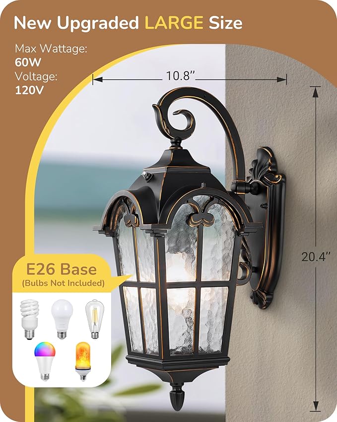 EDISHINE Dusk to Dawn Outdoor Wall Light Roman Large Size Exterior Lantern Fixtures E26 Base Waterproof Porch Lights Wall Mount Black Outside Wall Sconce 2 Pack