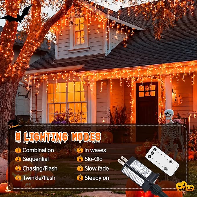JMEXSUSS Orange Thanksgiving Lights Outdoor 38.8 FT 400 LED Orange Icicle Lights Outdoor Waterproof 8 Modes String Light Plug in for Fireplace Tree Garden Patio Thanksgiving Fall Halloween Decor