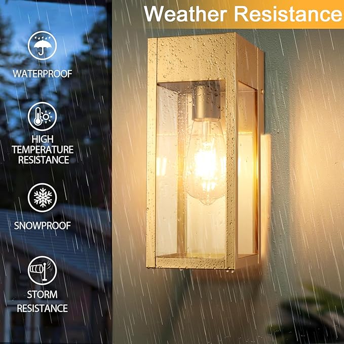 2 Pack Porch Lights Outdoor Wall Sconce Outdoor Light with GFCI Outlet Waterproof Exterior Wall Lantern Light Fixtures Anti-Rust Wall Lamp with Clear Glass for Patio Doorway Garage- Gold