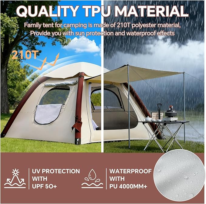 Automatic Inflatable Tent with Air Pump Family Tents for Camping Windproof Waterproof 3 Person Tent Easy Set Up in 2-3 Min Camping Essentials for Backyard Outdoor