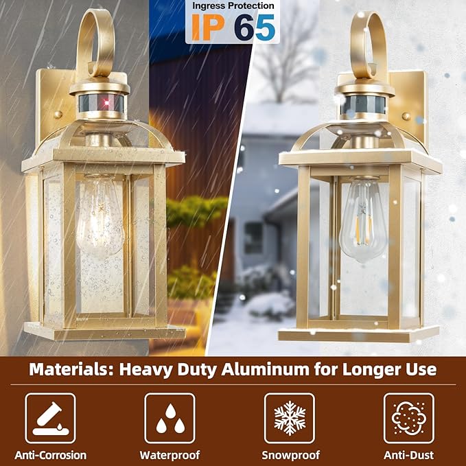 Gold Motion Sensor Outdoor Light Fixtures Dusk to Dawn 2-Pack 16 Inch Brass Outdoor Wall Sconces Photocell Outside Lights for House Front Porch Lights Carriage Coach Lights Courtyard