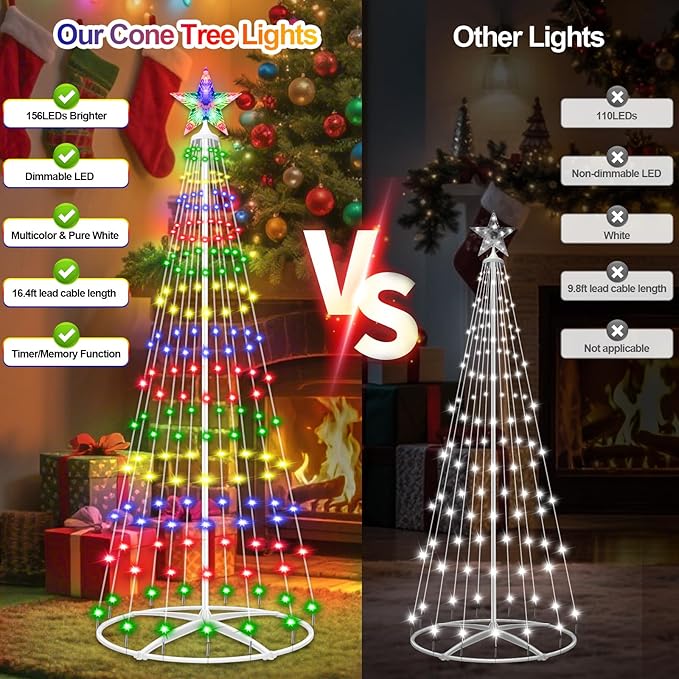 Prelit Christmas Cone Tree with Lights 4FT 156LEDs Small Christmas Tree Light with Remote Control Timer 11 Lighting Modes Artificial Outdoor Christmas Tree for Yard Porch Lawn Decorations