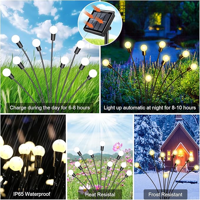 New Upgraded Solar Firefly Lights Outdoor Waterproof 6 Pack 48 LED 19 Modes USB Rechargeable Solar Garden Lights with Remote Timer Dimmable for Yard Patio Landscape Outside Decorations Light Warm