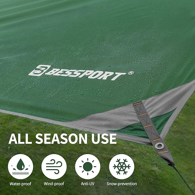 Bessport Camping Tarp 16×9.8FT with 2 Poles Lightweight Car Awning Sunshade Portable Multifunctional Backpacking PU 3000mm Waterproof Rain Fly Hammock Tarp for OutdoorTraveling Hilking