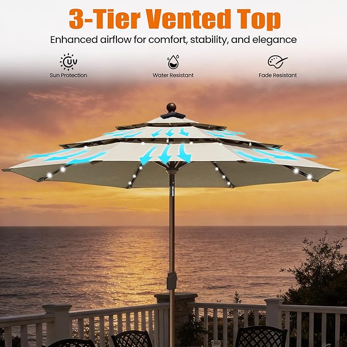 EliteShade USA 10-Year-Non-Fading 10Ft 3 Layers Market Umbrella with 80 LED Lights Patio Umbrella Outdoor Table Umbrella with Ventilation(Beige)