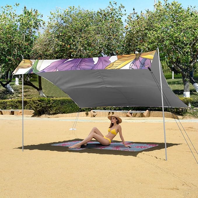 ALAZA Iris Flower Floral Butterfly Beach Tent Sun Shelter UPF50+ Protection Beach Shade Canopy w/ 4 Sandbags for Outdoor Camping Fishing Backyard Fun Picnic 10x9 ft