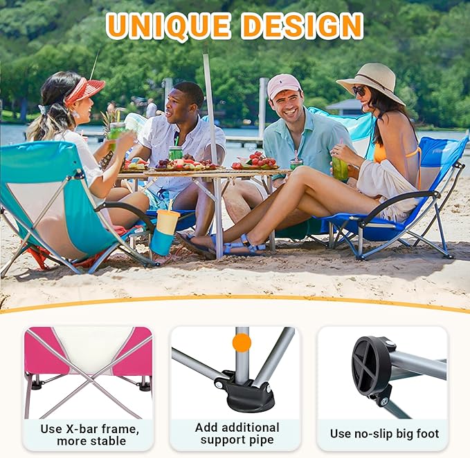 KingCamp Low Beach Chair 2 Pack Folding Portable Lightweight Backpack Chair for Adults with Cup Holder Pocket Carry Bag for Outdoor Camping Concert Festival Travel Sports Lawn Sand Rose