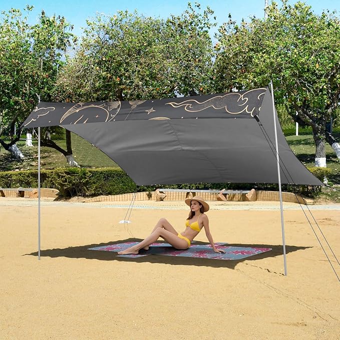 ALAZA Sun Crescent Moon Cloud Beach Tent Sun Shelter UPF50+ Protection Beach Shade Canopy w/ 4 Sandbags for Outdoor Camping Fishing Backyard Fun Picnic 10x9 ft