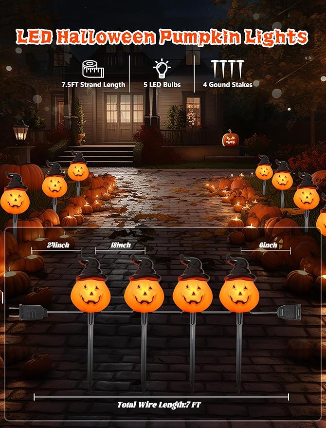 Halloween Pumpkin Pathway Lights Outdoor 4PCS Jack O Lantern Pumpkin Light with StakeOutdoor LED Walkway Lights Lights for Halloween Driveway Garden Yard Lawn Lights Decor
