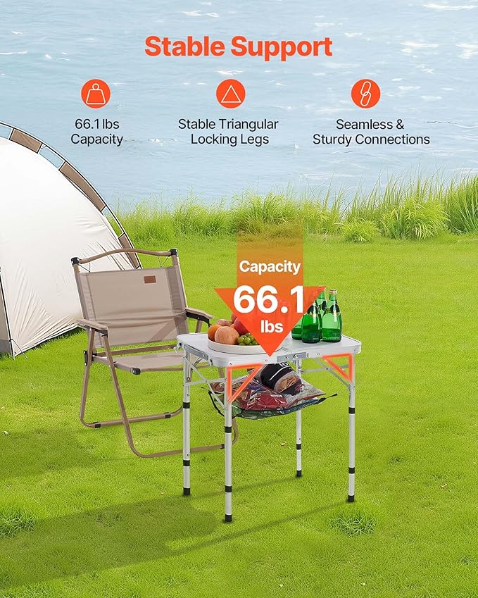 VEVOR Folding Camping Table Adjustable Height Aluminum MDF Outdoor Portable Lightweight for Cooking Beach Picnic Travel 24 x 16 inch