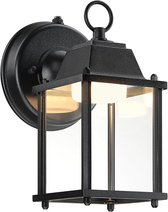 LIT-PaTH Small Outdoor LED Wall Lantern with Dusk to Dawn Photocell 3000K Warm White 9.5W 800 Lumen Aluminum Housing Plus Glass Outdoor Rated 1-Pack Black