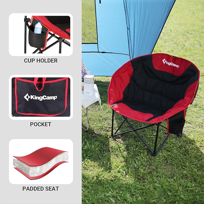 KingCamp Foldable Saucer Moon Lounge Chair with Cupholder Storage Pocket for Indoor Home or Outdoor Camping and Tailgating Use Black/Red