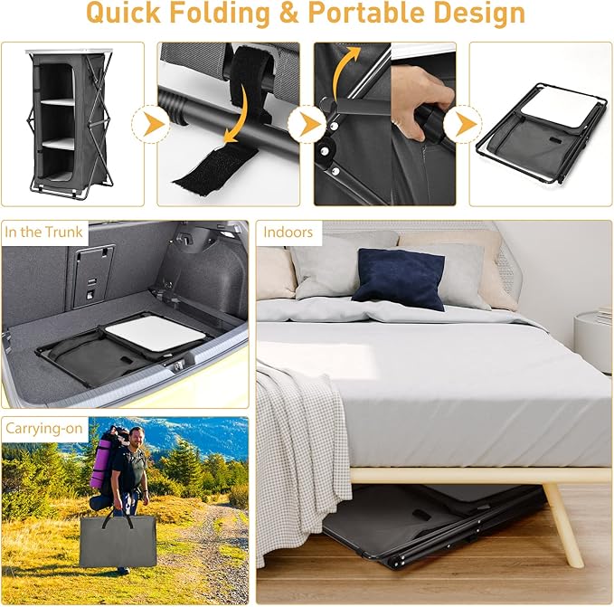 Goplus Folding Camping Storage Cabinet Pop Up Outdoor Camping Kitchen Station with Large 3-Tier Storage Organizer Carry Bag Easy Set Up Portable Compact Camping Table for BBQ Picnic Backyard (47'')