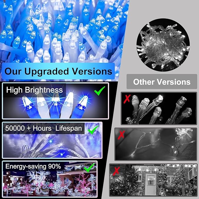 1500 LED 470FT Christmas String Lights Outdoor 12 Pro Modes and Timer Memory &amp Brightness Plug in Waterproof Clear Wire Twinkle Light for for Xmas Yard Tree Wedding Party Decor (Blue &amp White
