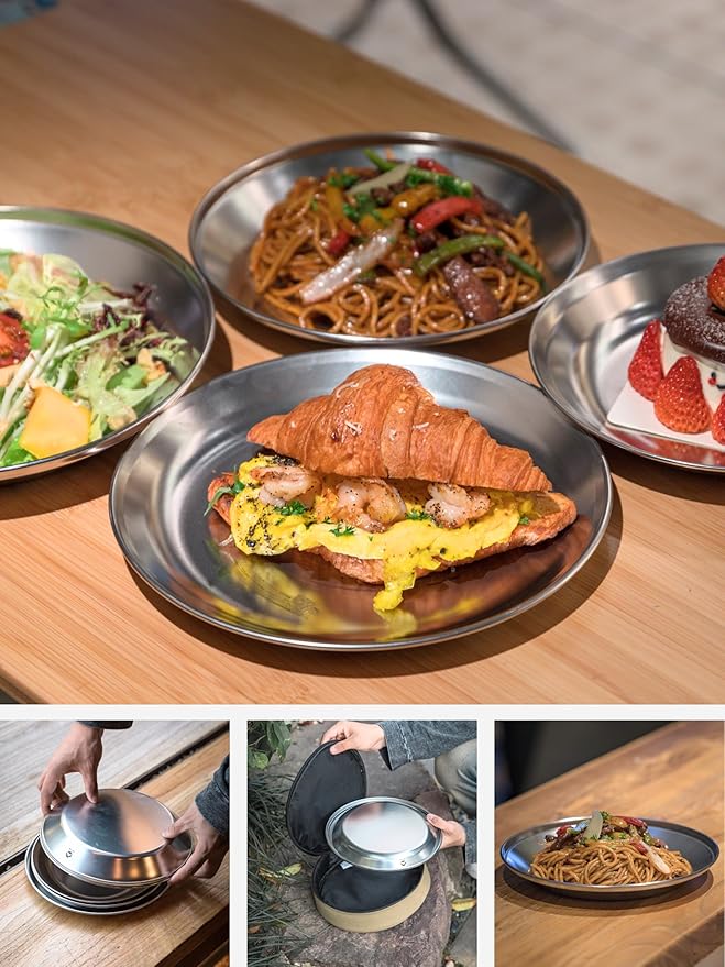 CAMPINGMOON Camping Plates 8 pack set Salad Side Dinner Plate Dishes Outdoor Tableware Stainless Steel with Canvas Case S397-2S
