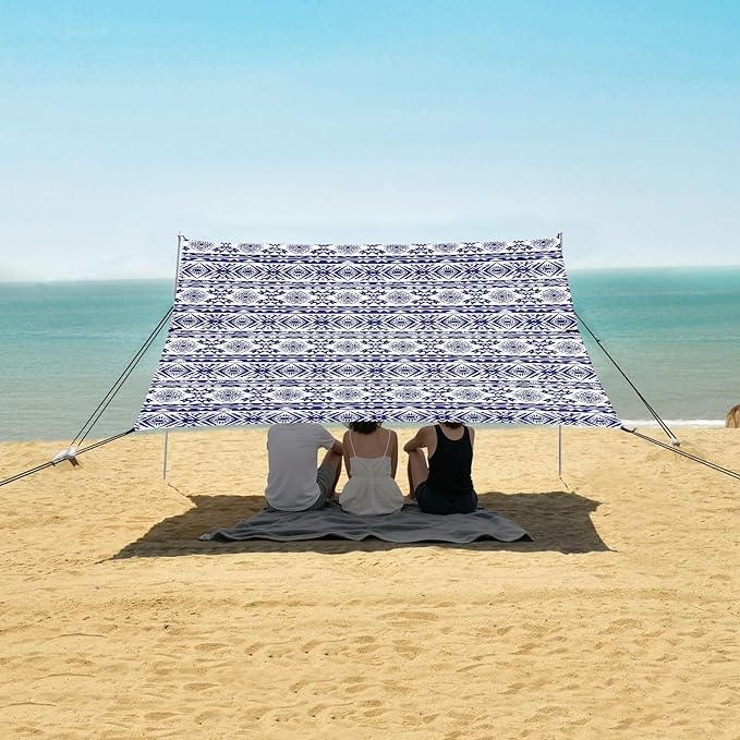 ALAZA Blue Ornament Aztec Art Beach Tent Sun Shelter UPF50+ Protection Beach Shade Canopy w/ 4 Sandbags for Outdoor Camping Fishing Backyard Fun Picnic 10x9 ft