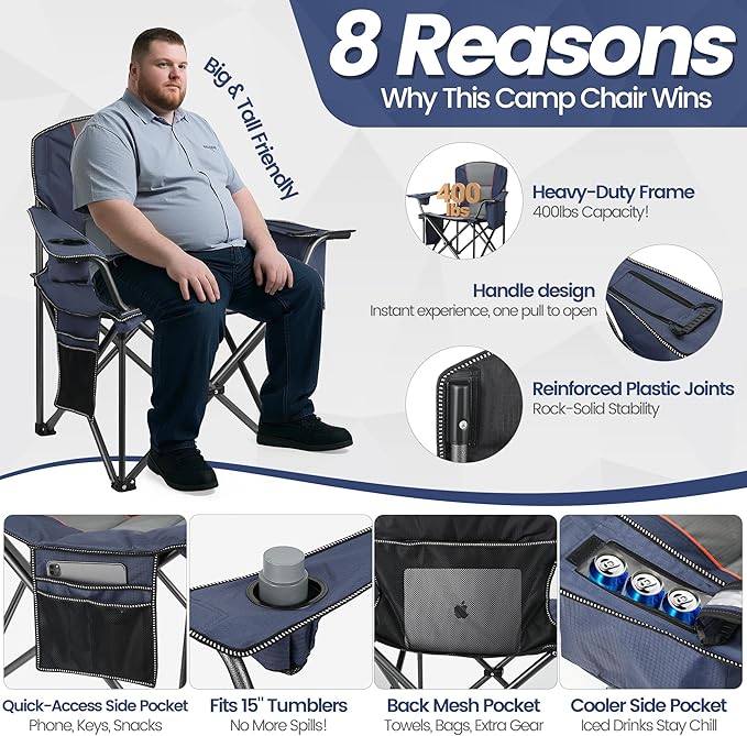 2 Pack Heavy Duty Oversized Camping Chair for Adults 400lbs w/Lumbar Support - Folding Chairs with Side Pocket Cup Holder &amp Cooler Bag for Beach Fishing Lawn Backyard Navy Blue