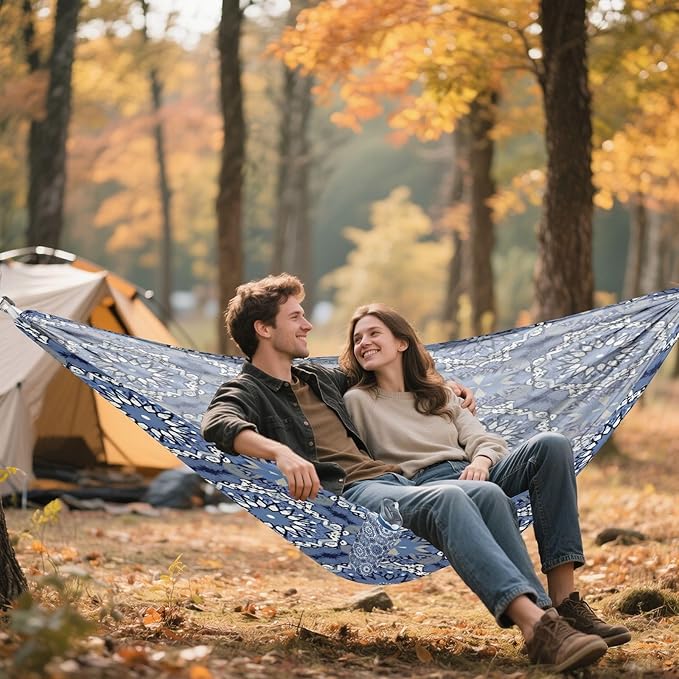 Navy Blue Tile Camping Hammock Portable Hanging Hammock with Tree Straps Up to 330lbs for Travel Outdoor Garden Patio