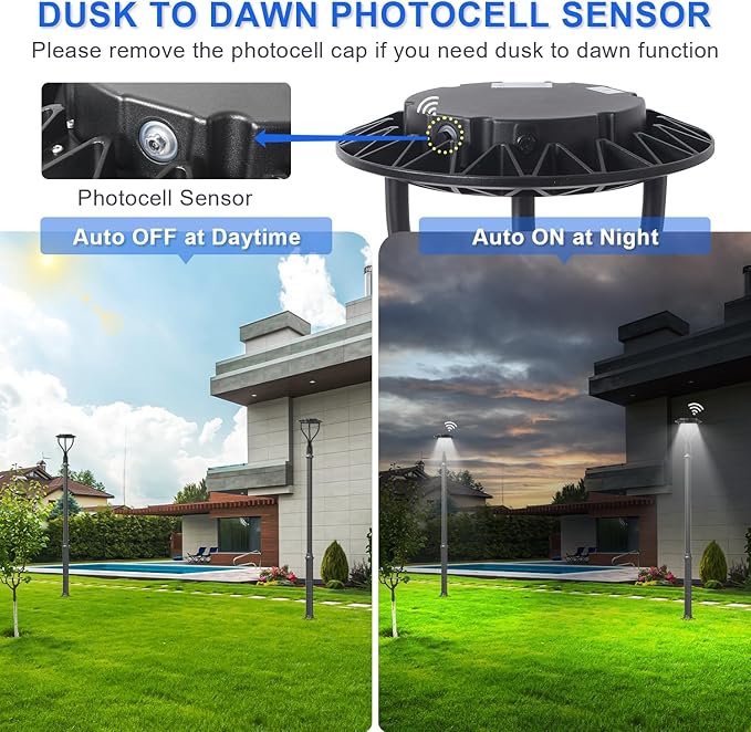 LED Post Top Light with Dusk to Dawn Photocell 80W/100W/120W/150W Wattage Selectable 3000K/4000K/5000K CCT Tunable LED Post Top Outdoor Circular Area Pole Light for Pathway IP65 DLC ETL Listed