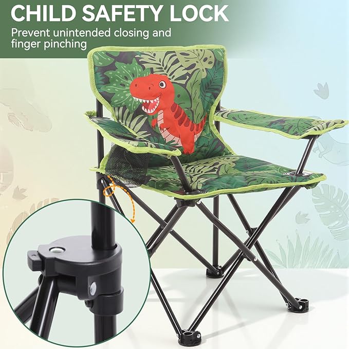Padded Kids Camping Chair Folding Toddler Chair with Cup Holder &amp Safety Lock Portable Kids Beach Chair Ages 3-6 for Outdoor Camping Foldable Kids Chair Support 120lbsGreen Dinosaur